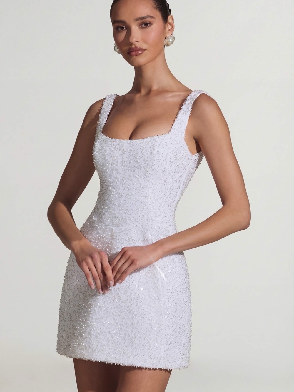 Oh Polly Dominique Embellished Structured A-Line Mini Dress in White - Picture 9 of 13